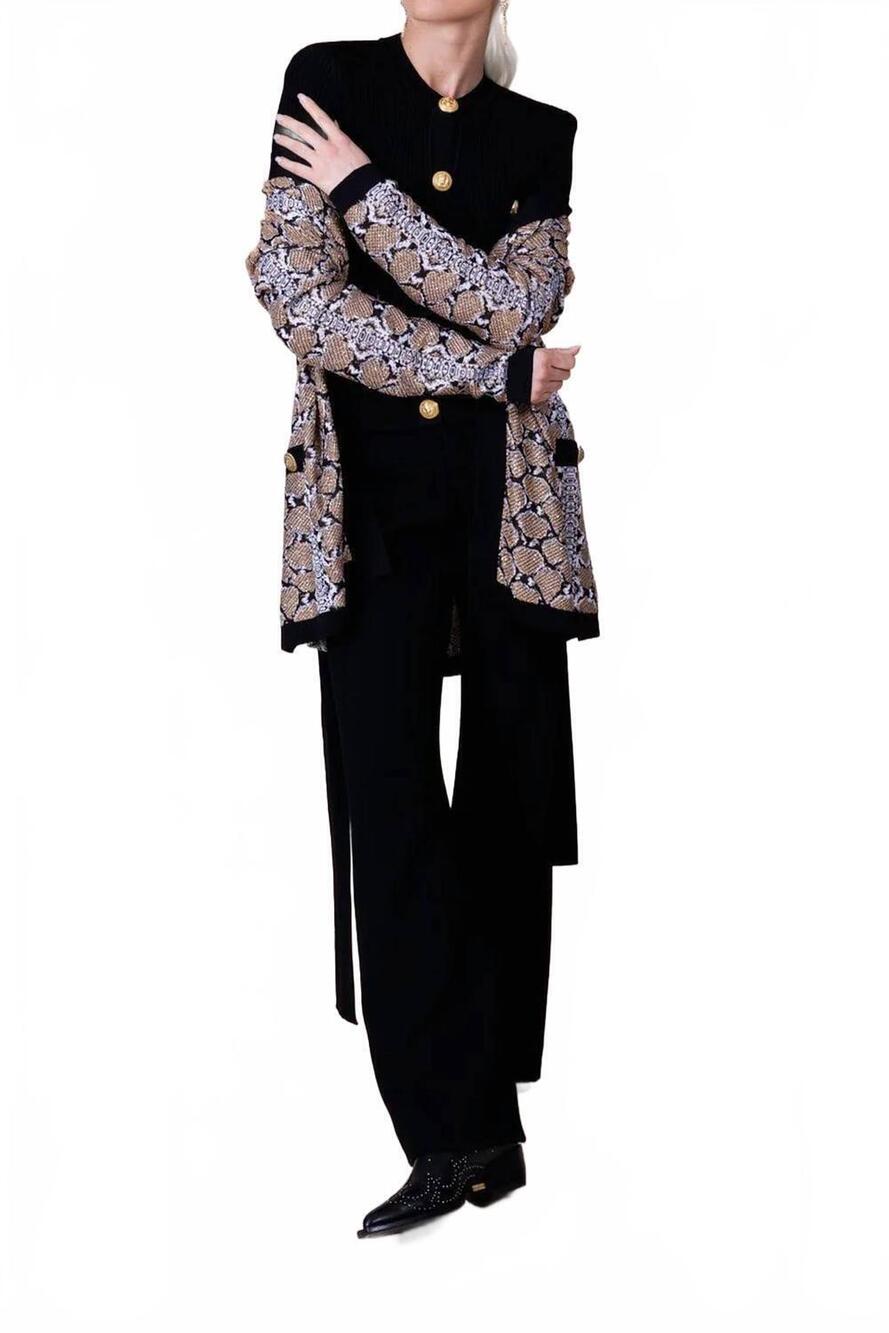 NEW BALMAIN glitter python print belted cardigan in noir camel blanc